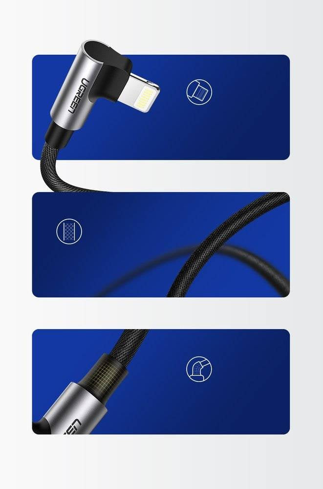 UGREEN Charging Cable Lightning 1M for iPhone Black Angle (90ø)