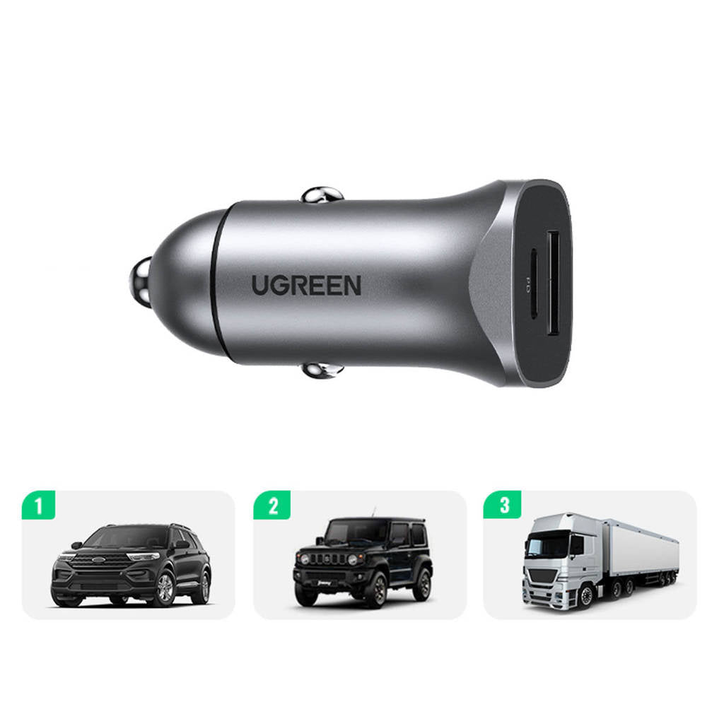 UGreen Car Charger Two Ports USB Port and PD Port 30WGray-