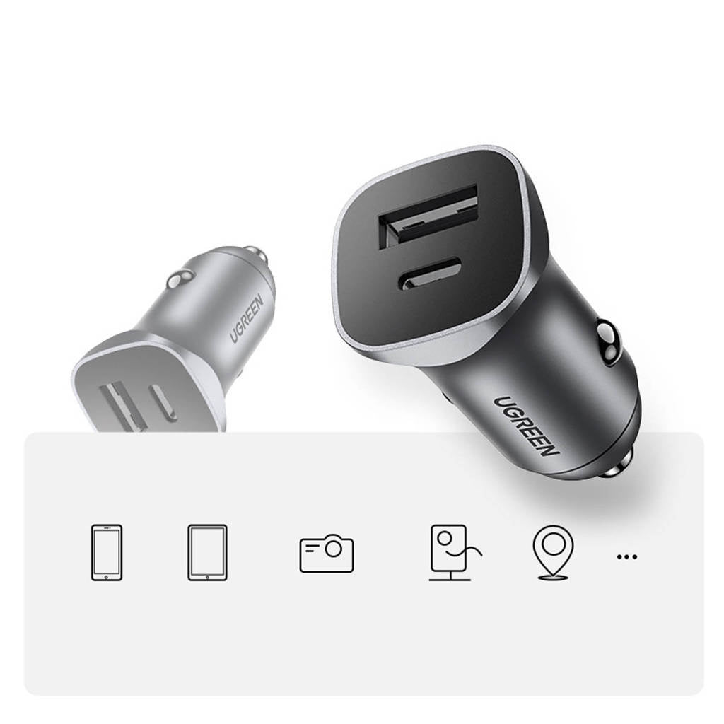 UGreen Car Charger Two Ports USB Port and PD Port 30WGray-