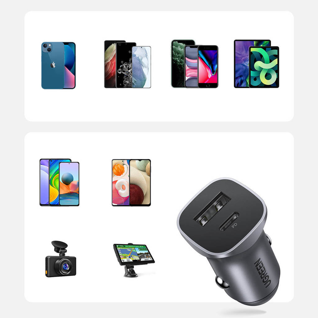 UGreen Car Charger Two Ports USB Port and PD Port 30WGray-