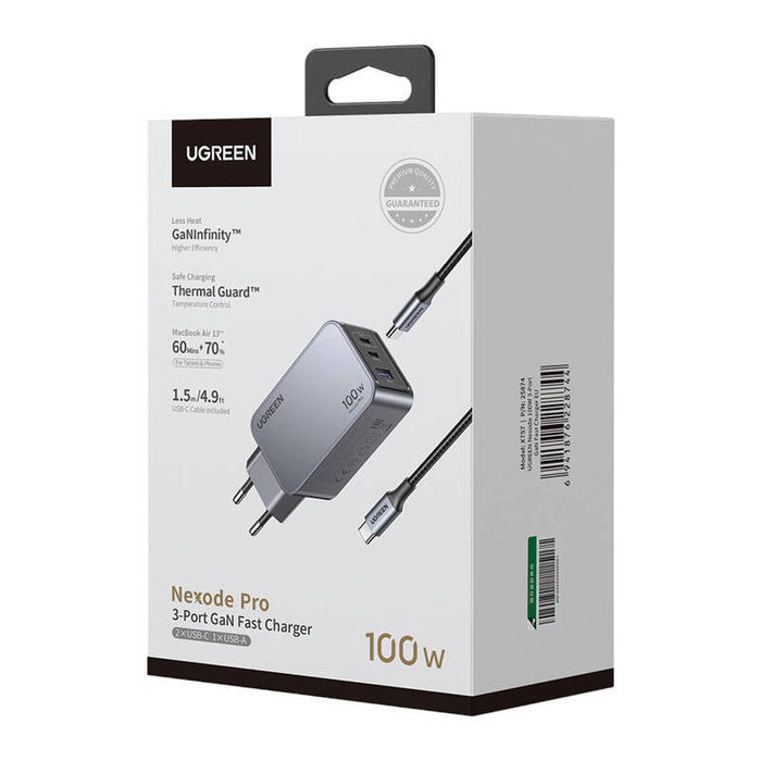 UGREEN Nexode Pro 100W GaN Charger with USB-C Cable Grey
