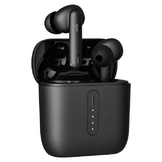 Black wireless earbuds with charging case on a white background